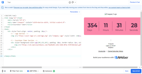 Previewing countdown timer in AWeber