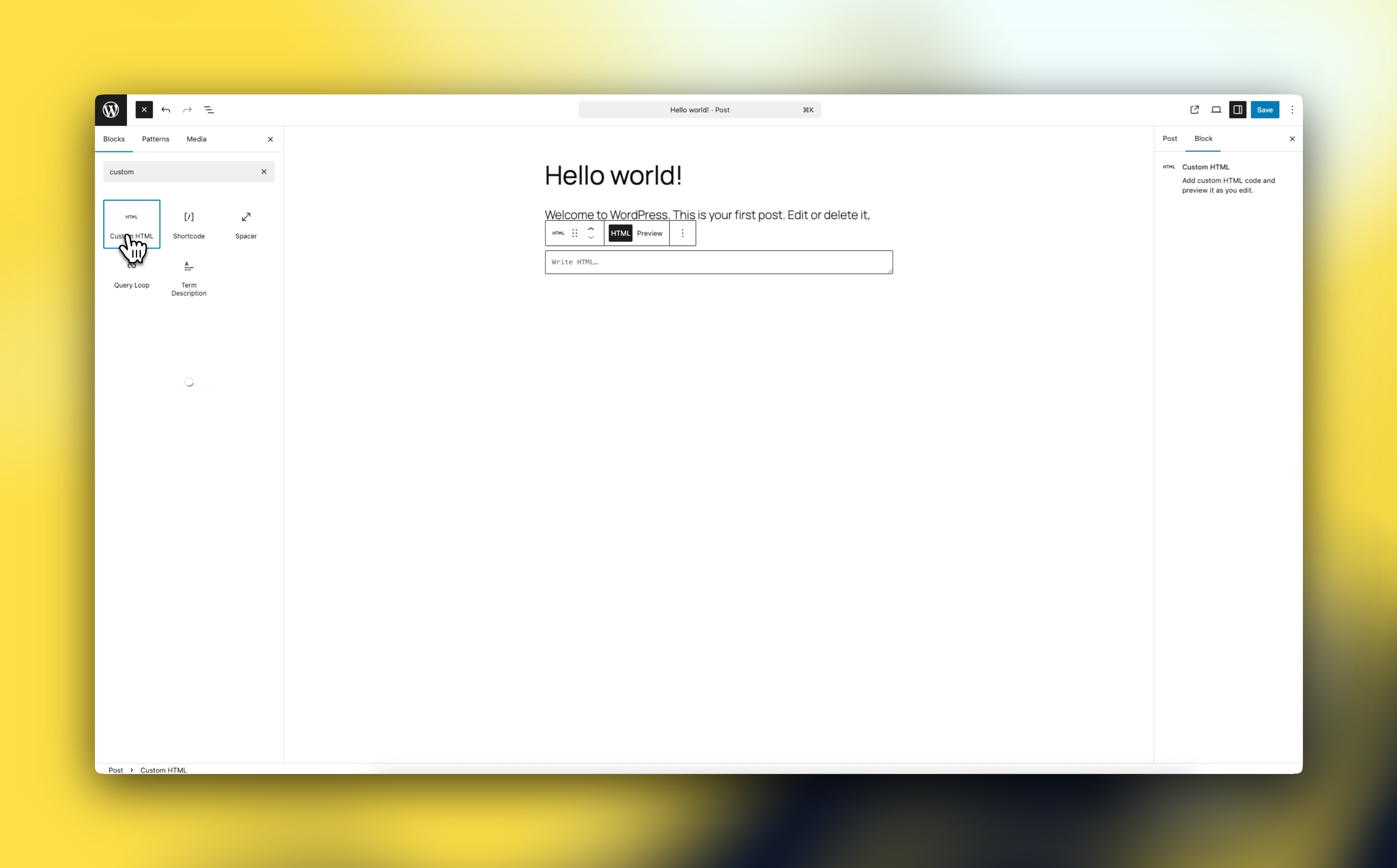 WordPress CUSTOM HTML Block screenshot